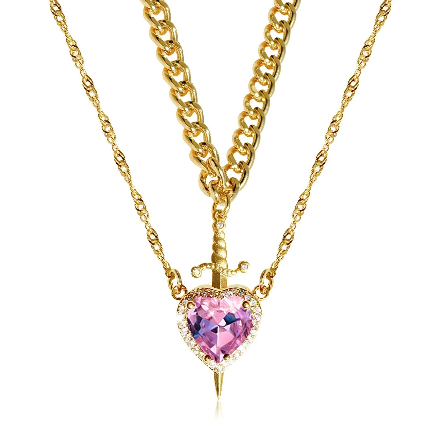 Heart And Sword Necklace Set Gold Color Stainless Steel Crystal New Necklaces