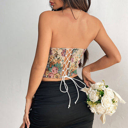 Floral Print Crop Corset Vest Top Tube With Back tied Design Fashion Tank For Women