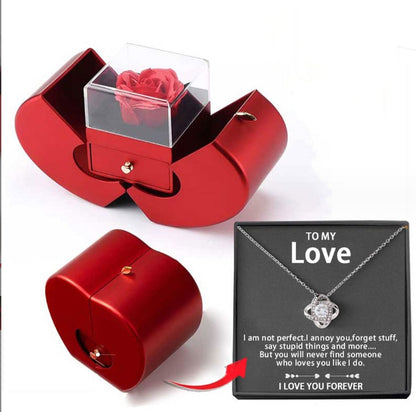 Last Minute Valentine's Gift, Red Apple Jewelry Box with Eternal Rose & Necklace